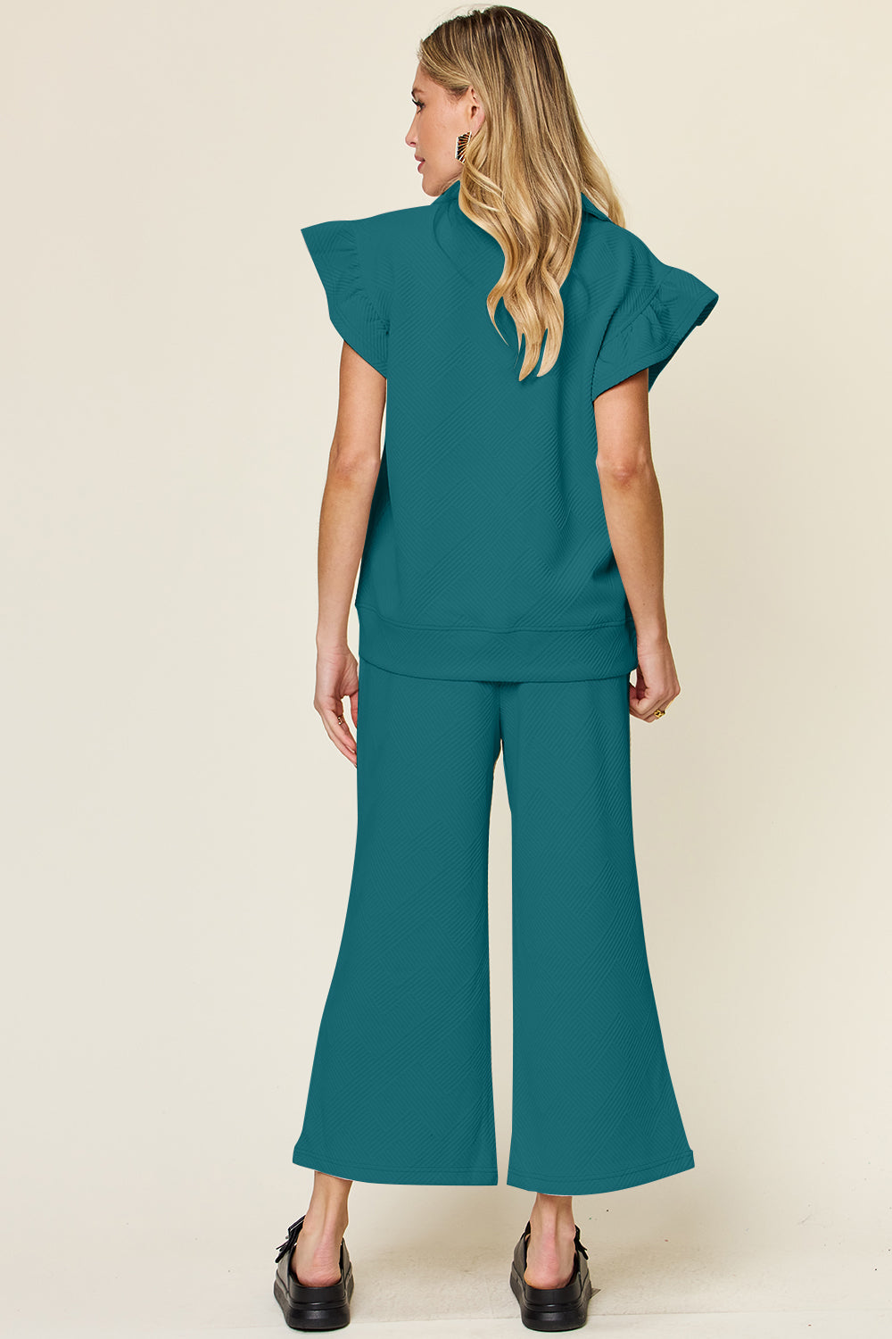 Double Take Texture Ruffle Short Sleeve Top and Drawstring Wide Leg Pants Set