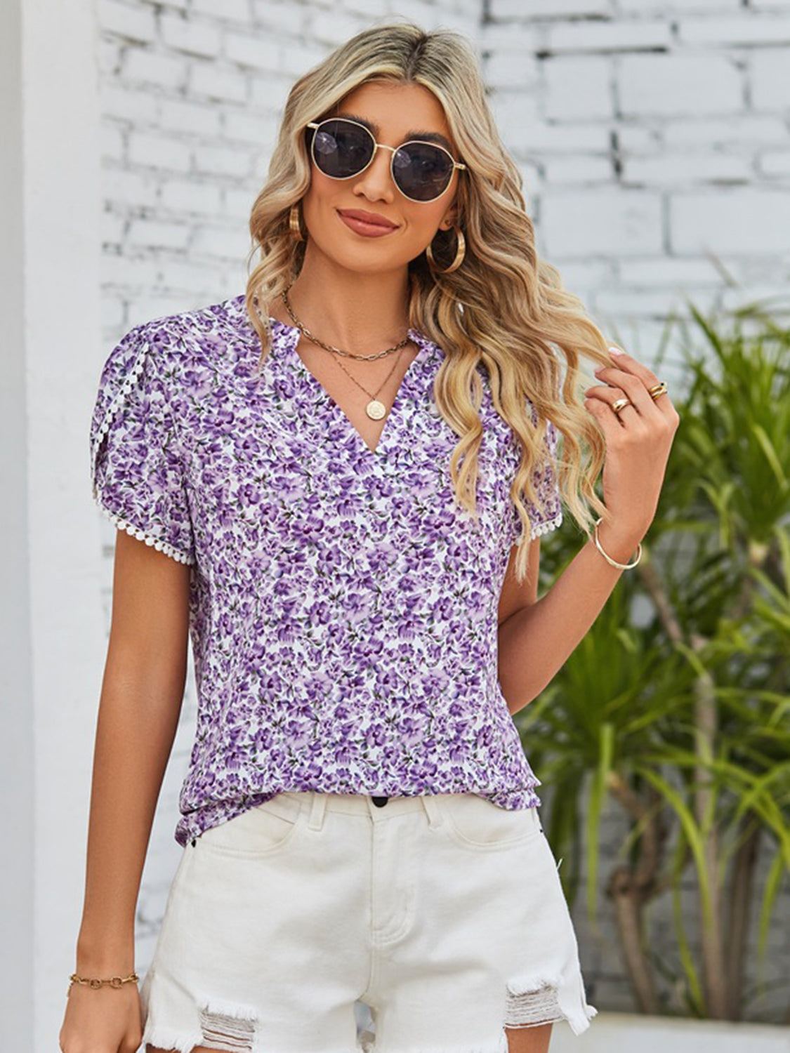 Double Take Floral Notched Neck Blouse