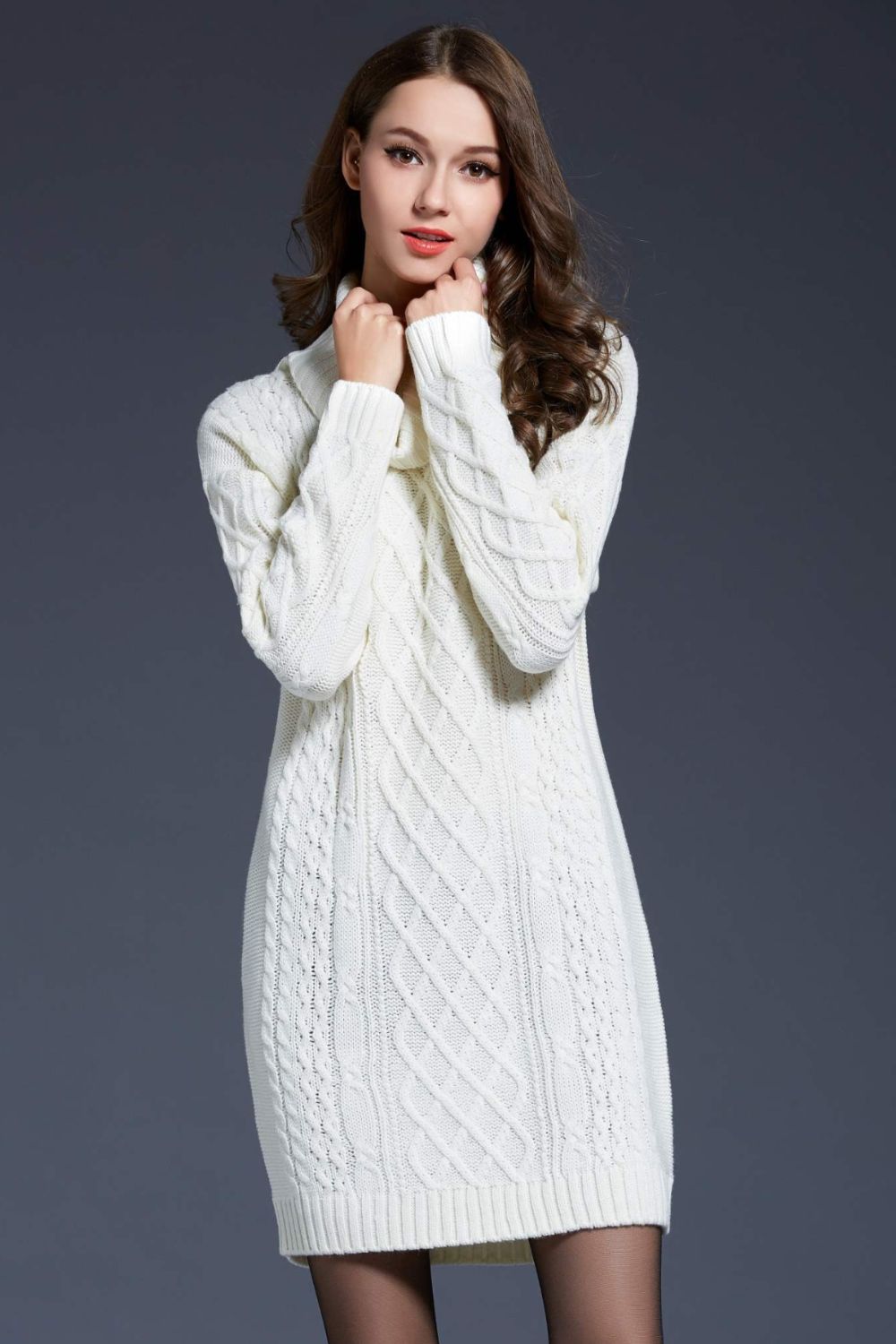 Mixed Knit Cowl Neck Dropped Shoulder Sweater Dress