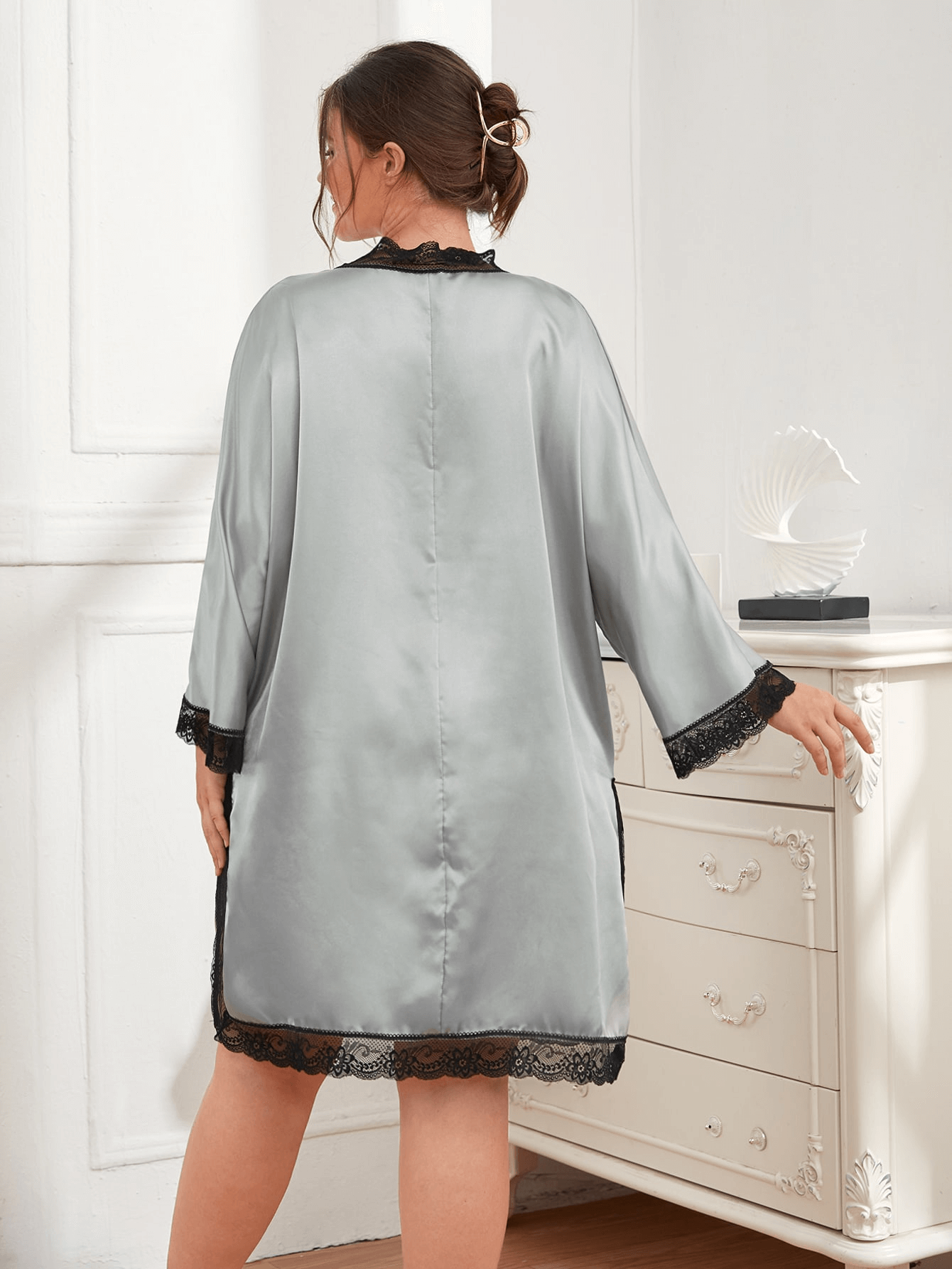 Plus Size Contrast Spliced Lace Deep V Slit Night Dress Sizes 1X-5X