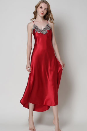 Full Size Lace Trim V-Neck Spaghetti Strap Satin Night Dress Sizes M-3X