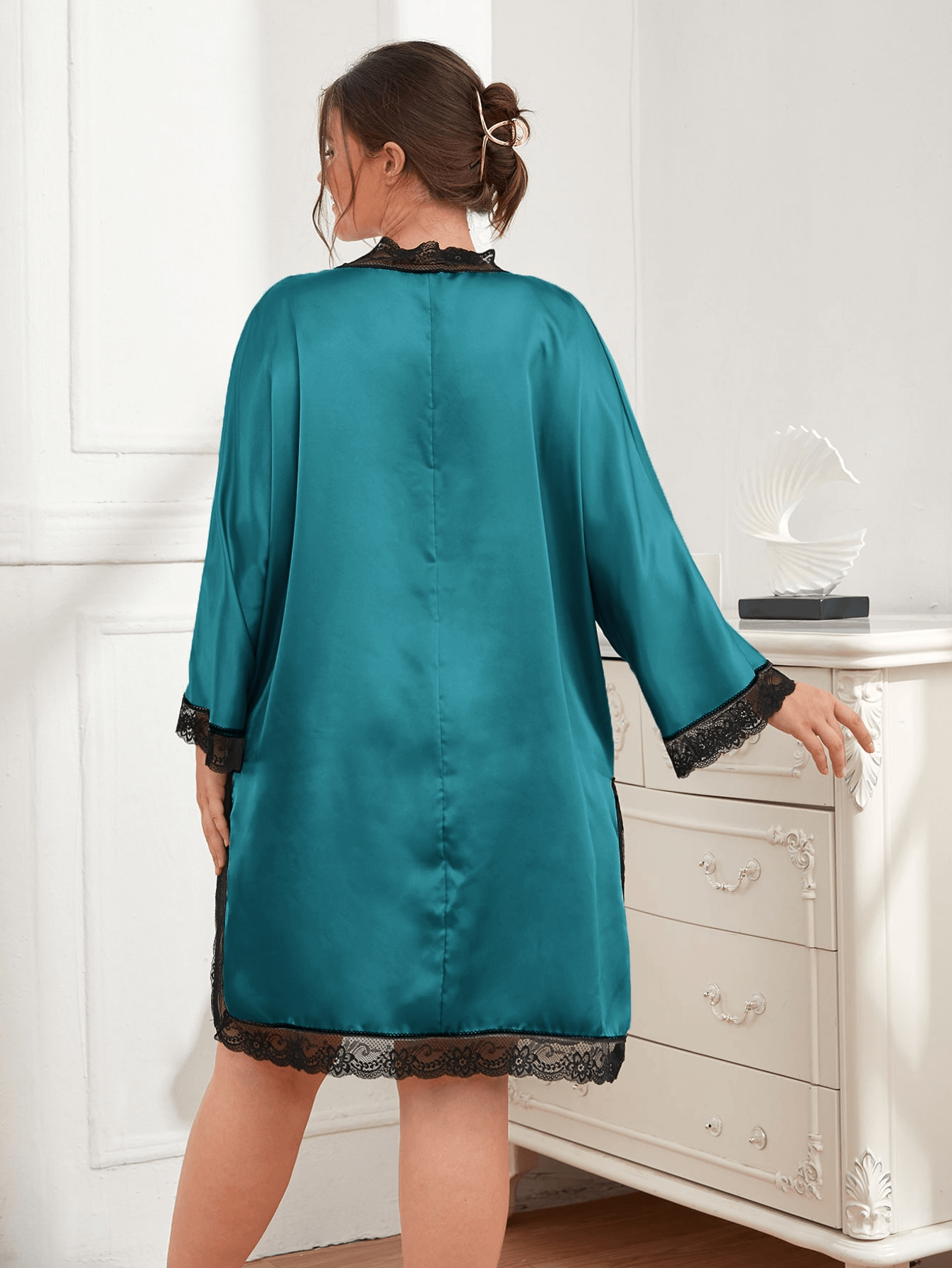Plus Size Contrast Spliced Lace Deep V Slit Night Dress Sizes 1X-5X