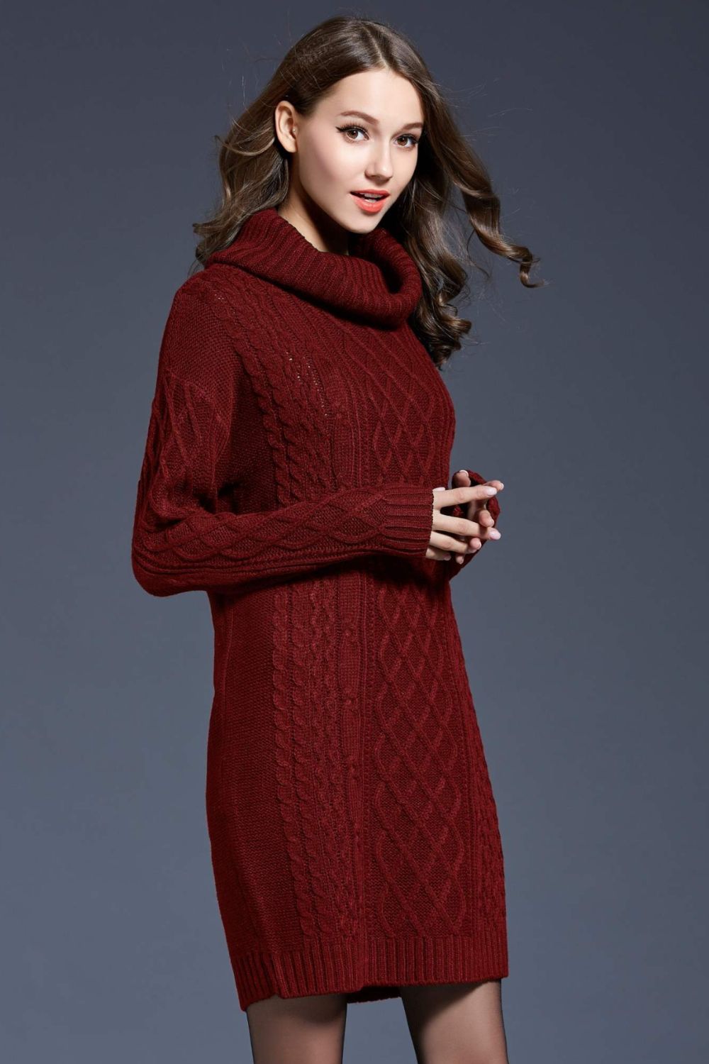 Mixed Knit Cowl Neck Dropped Shoulder Sweater Dress