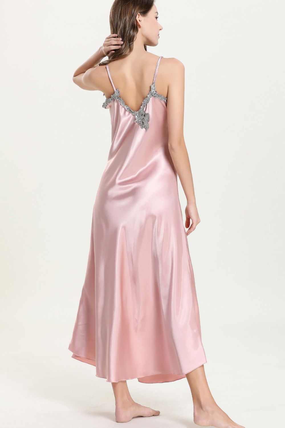 Full Size Lace Trim V-Neck Spaghetti Strap Satin Night Dress Sizes M-3X
