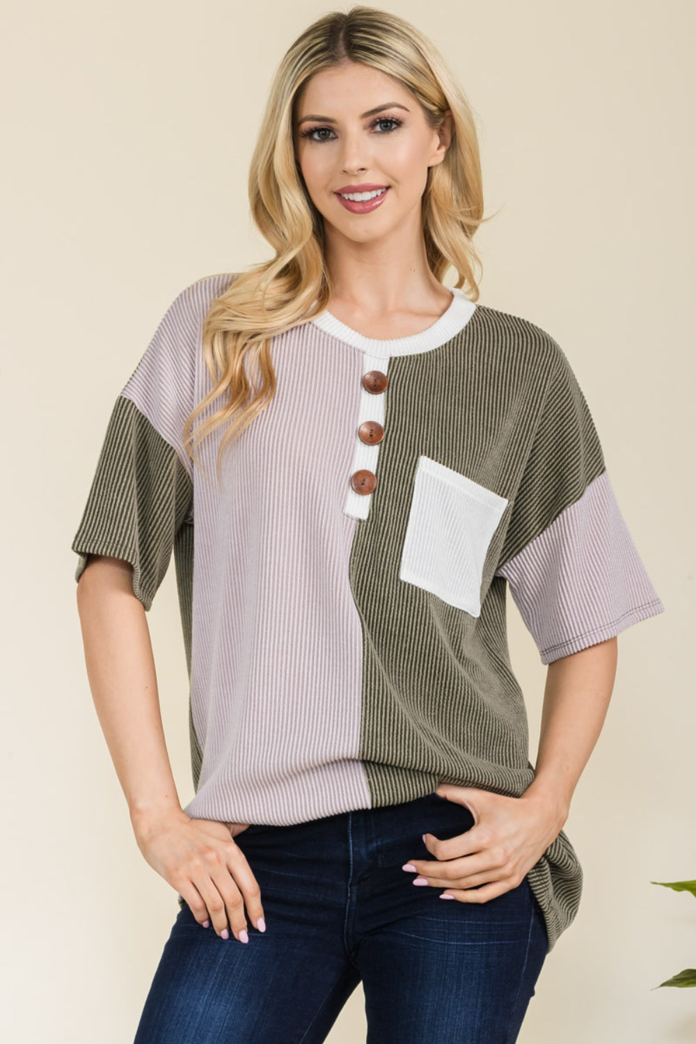 Celeste Full Size Ribbed Color Block Short Sleeve T-Shirt